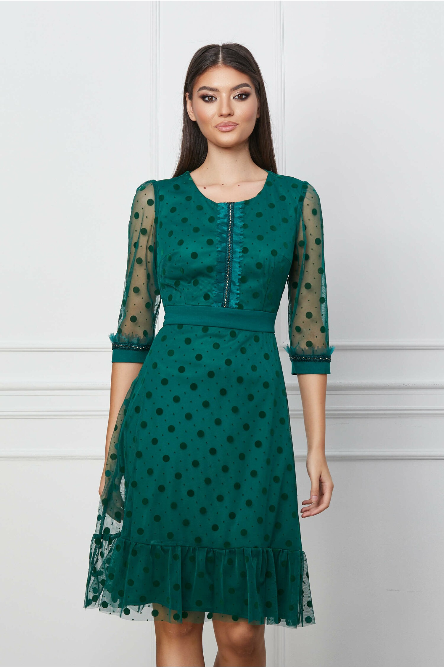 Rochie Ella Collection verde cu buline catifelate