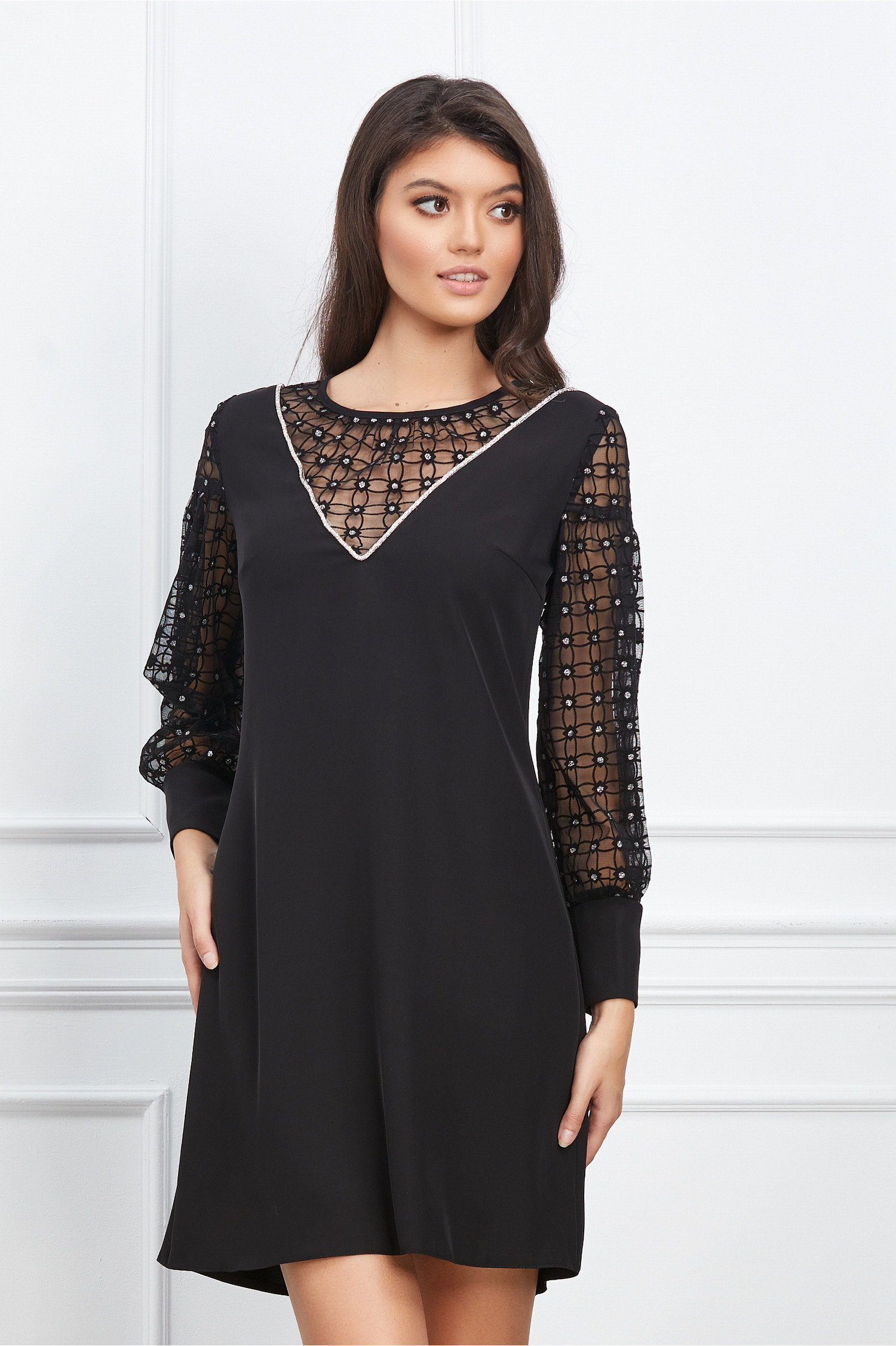 Rochie Moze neagra cu buline din glitter argintiu