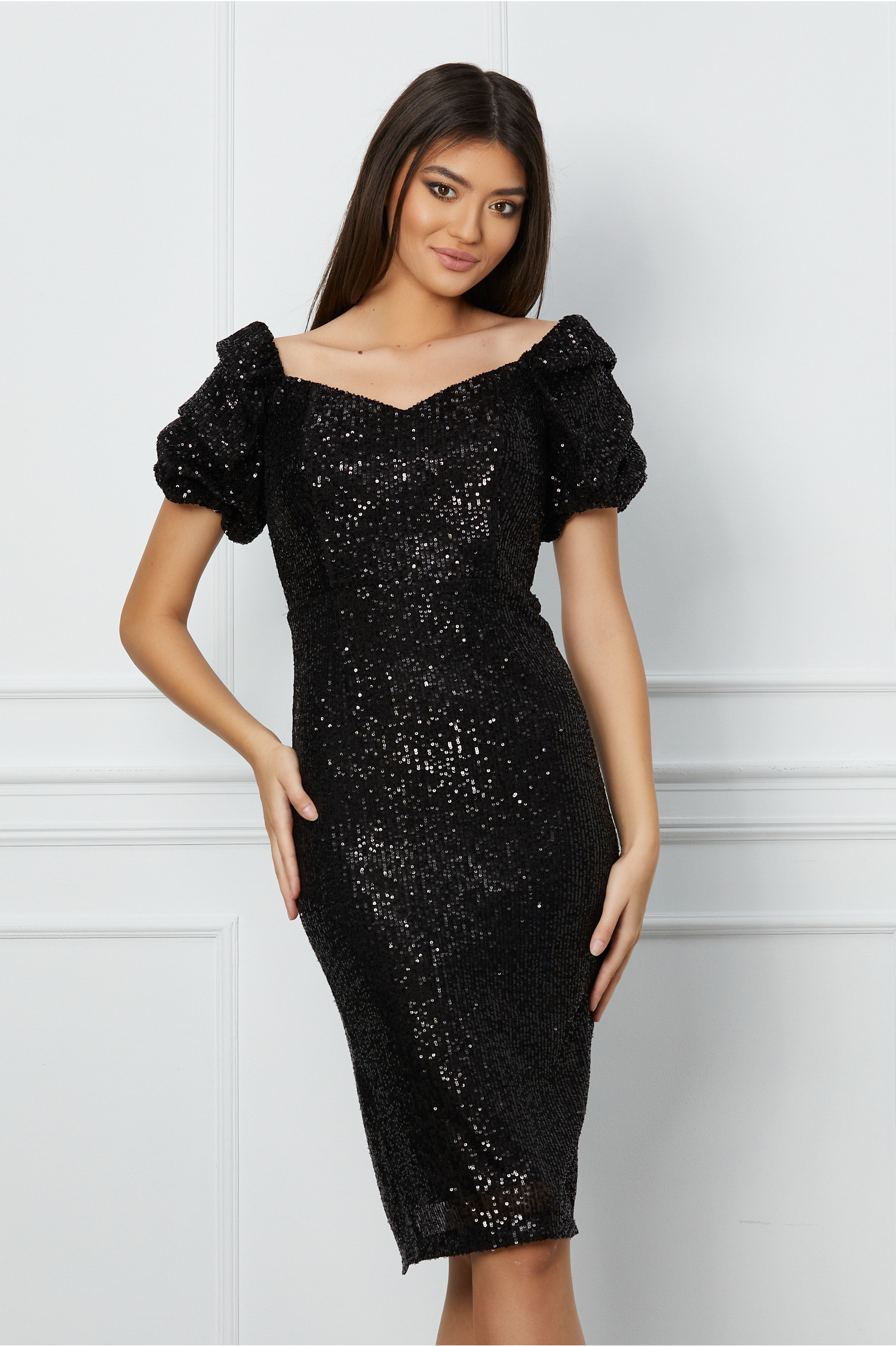 Rochie MBG neagra din paiete cu maneci scurte bufante