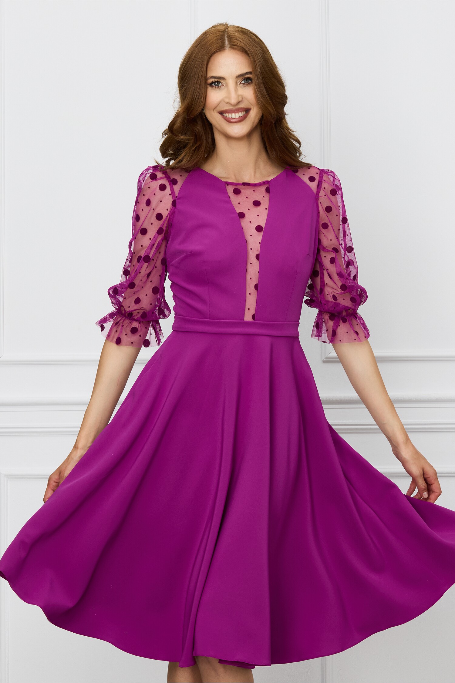 Rochie MBG magenta cu maneci din tull cu buline catifelate