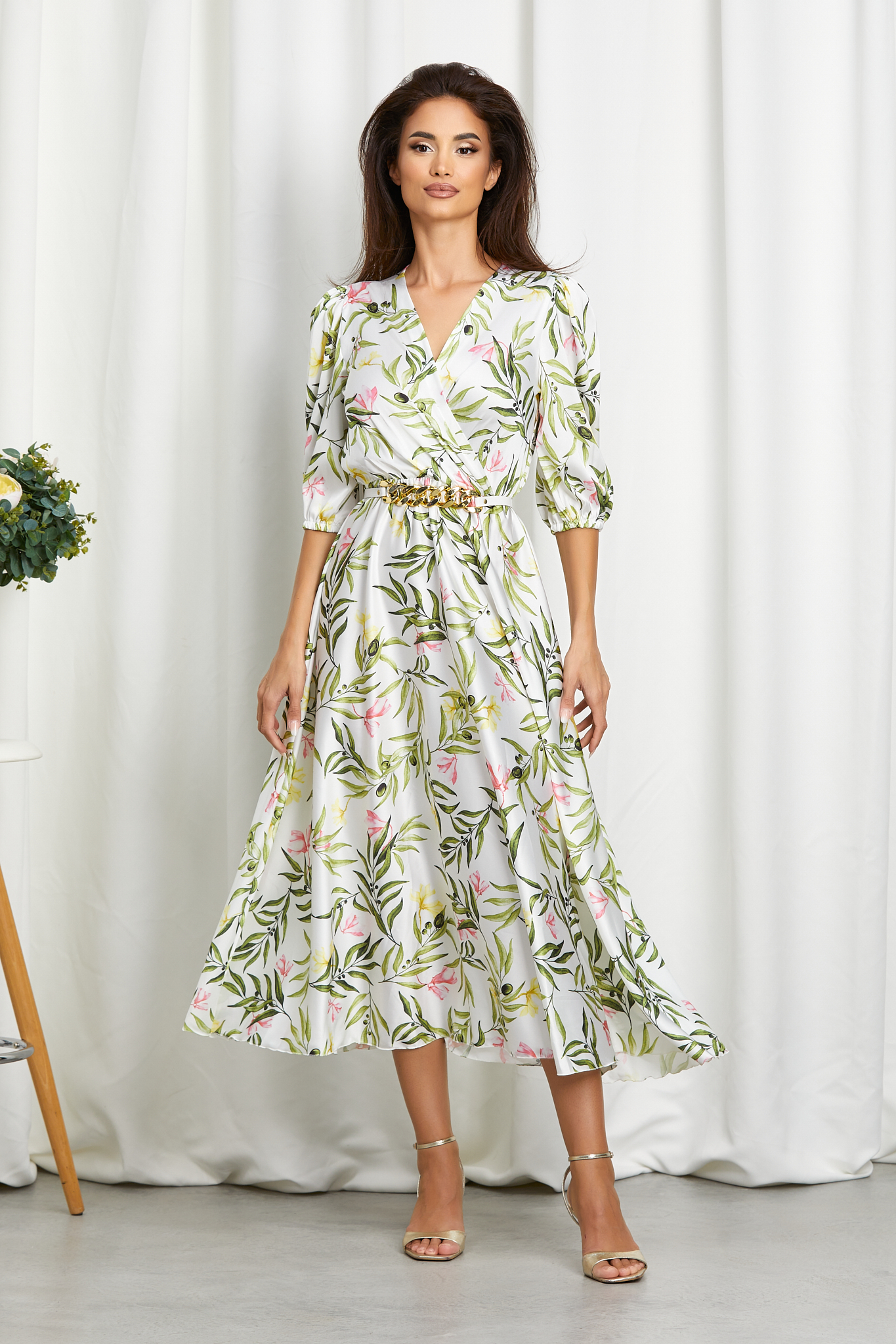 Rochie Yolanda Alb Verde Floral