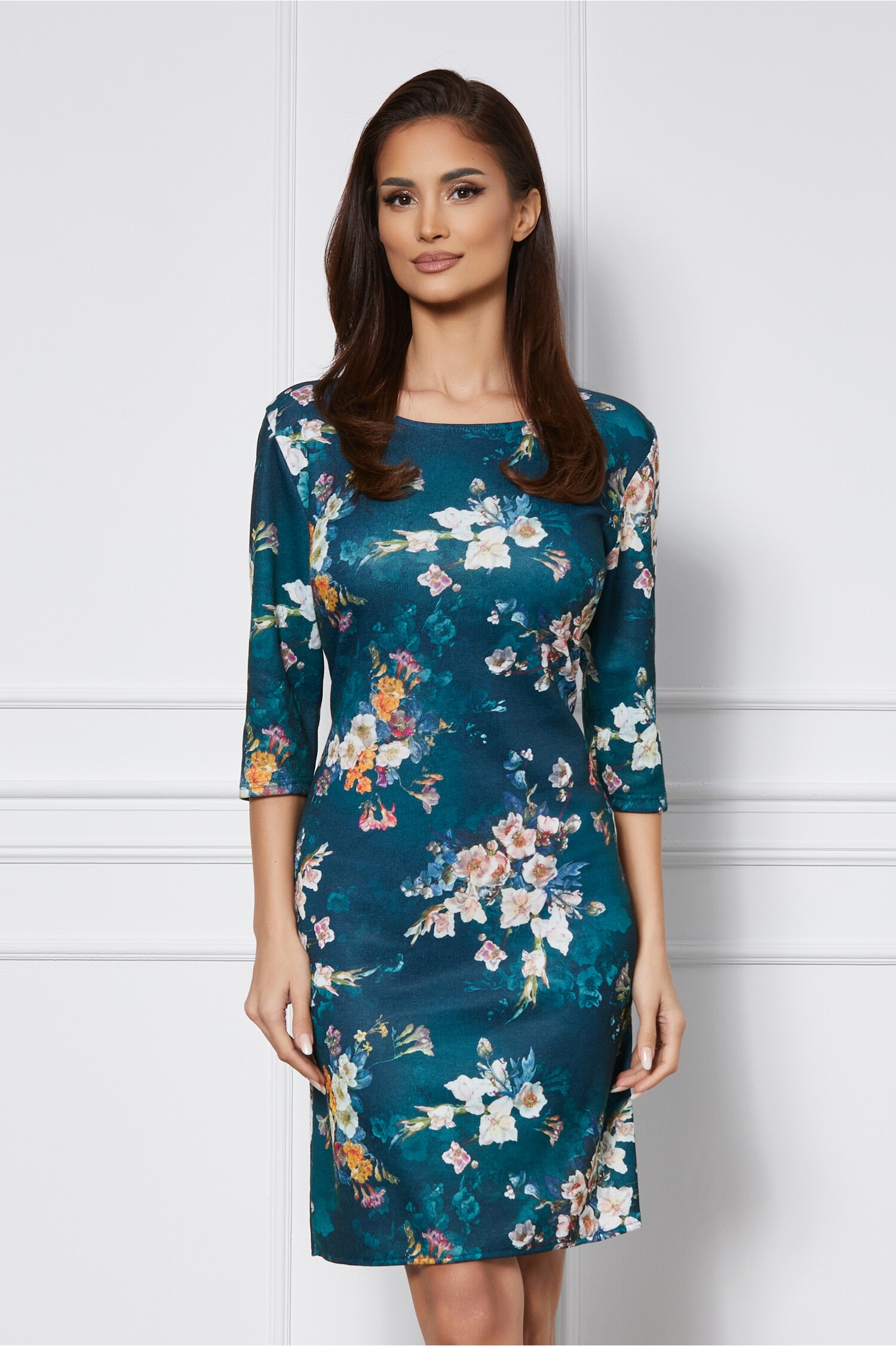 Rochie Ildi verde petrol cu imprimeuri florale