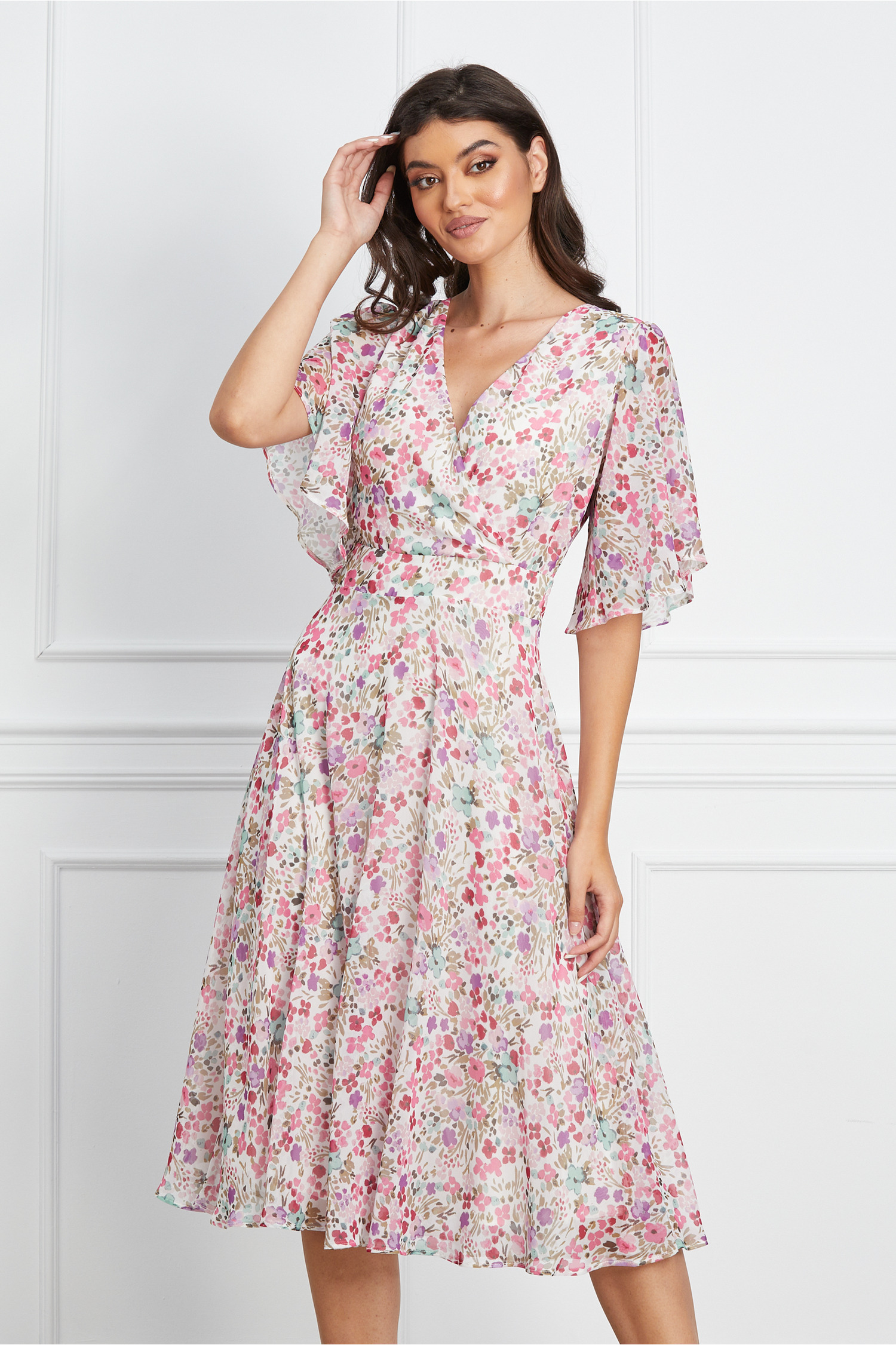 Rochie Teresa alba cu imprimeu floral roz