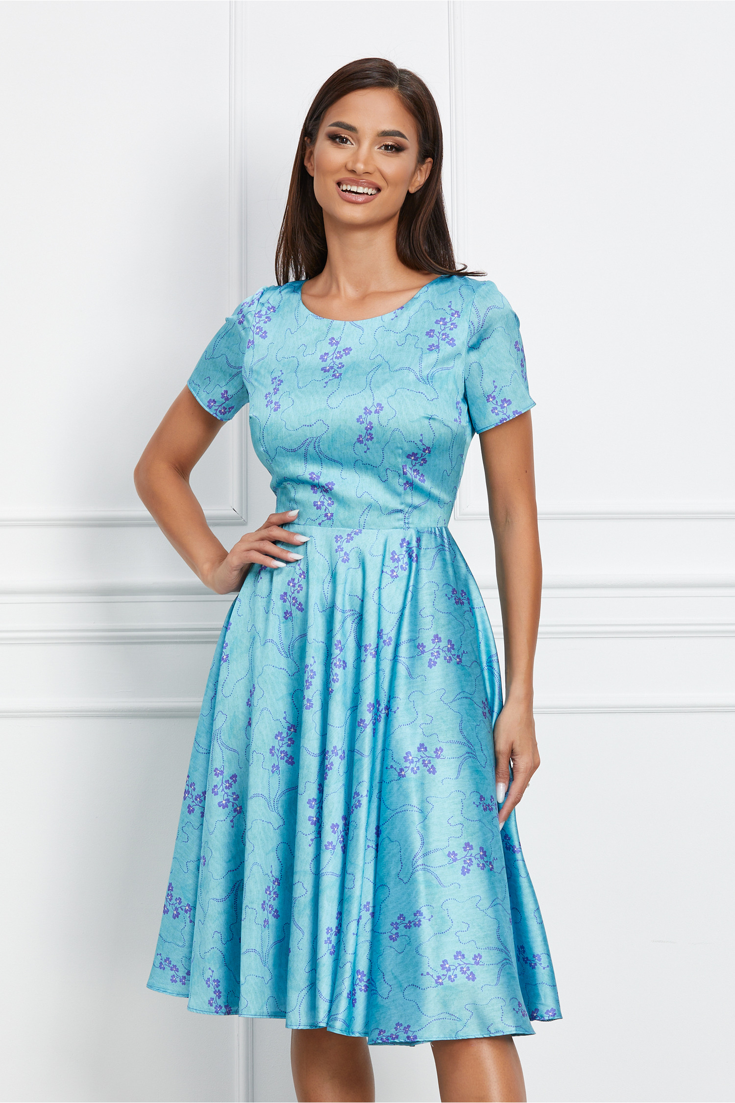 Rochie Miranda bleu cu imprimeu floral mov