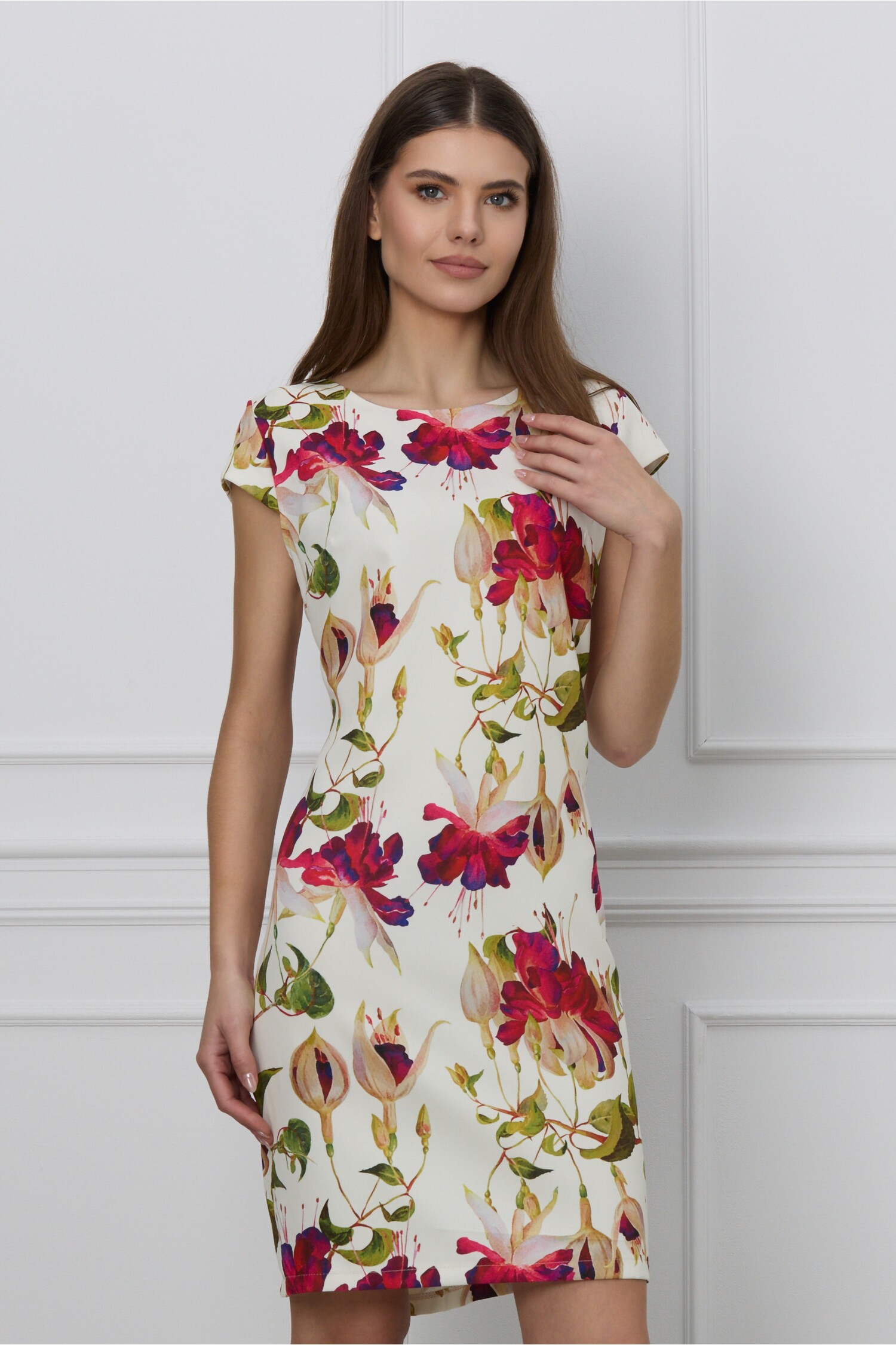 Rochie Mona alba cu imprimeuri florale rosii