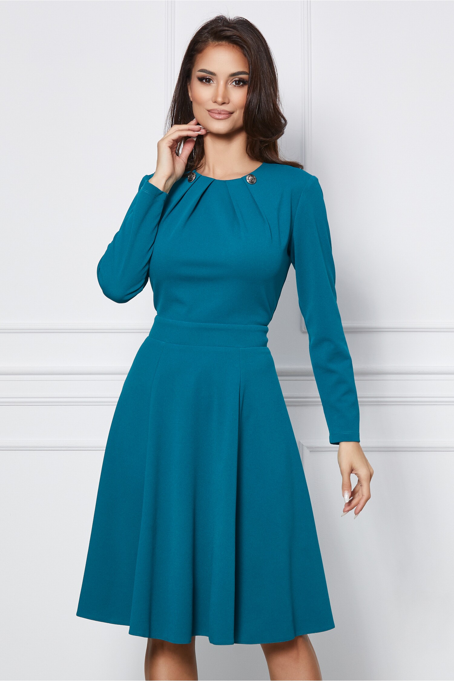 Rochie Dy Fashion verde din crep cu nasturi si pliuri