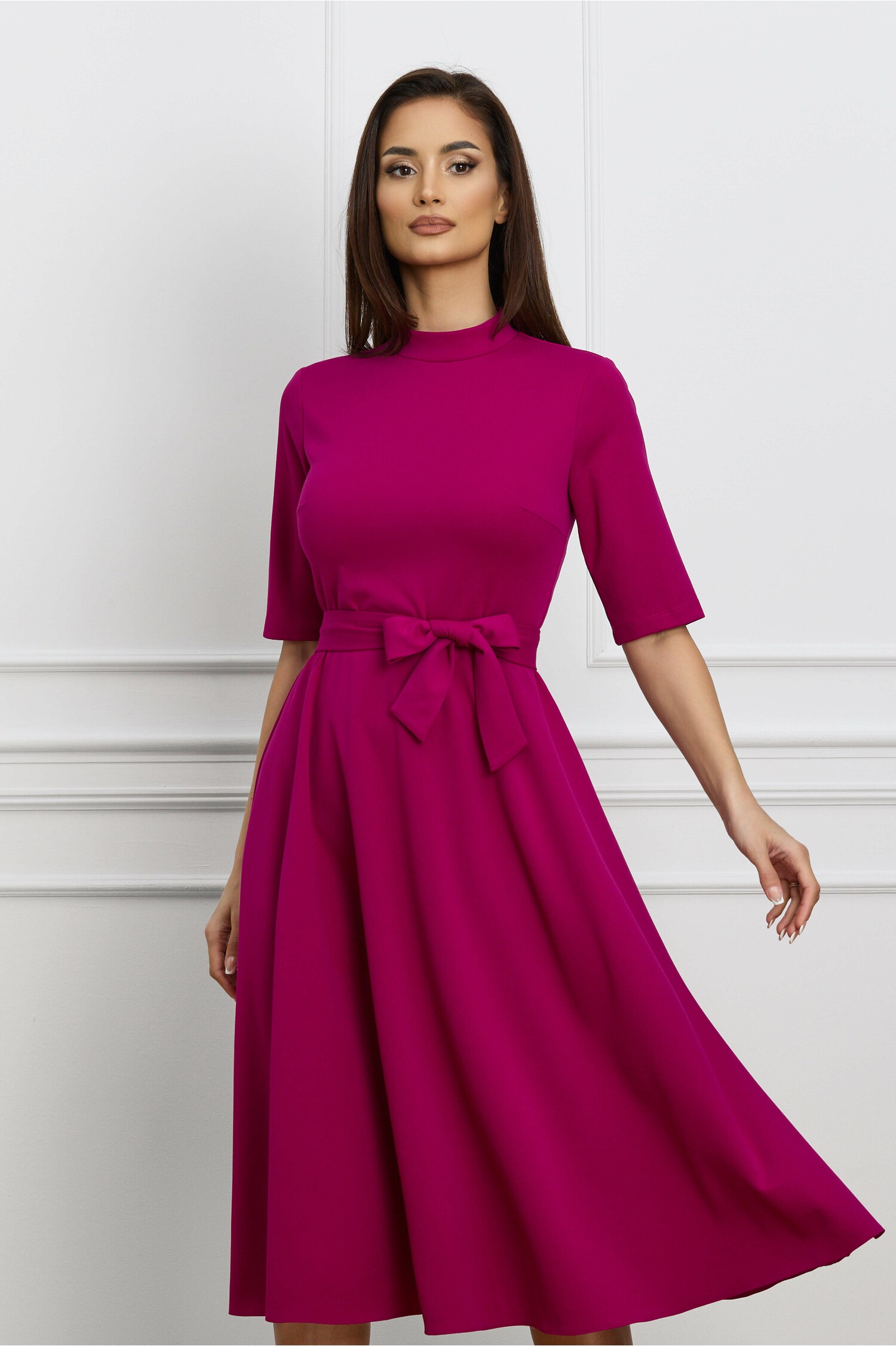 Rochie Dy Fashion magenta cu maneci scurte si cordon in talie