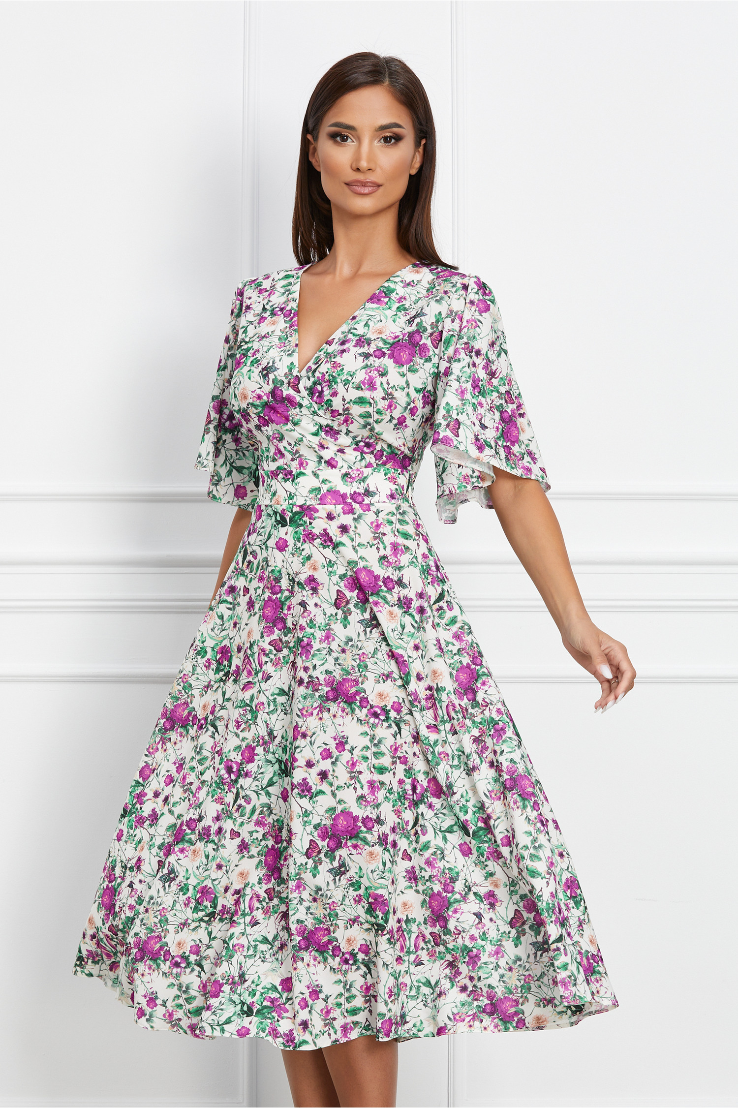 Rochie Isaura alba cu imprimeu floral mov