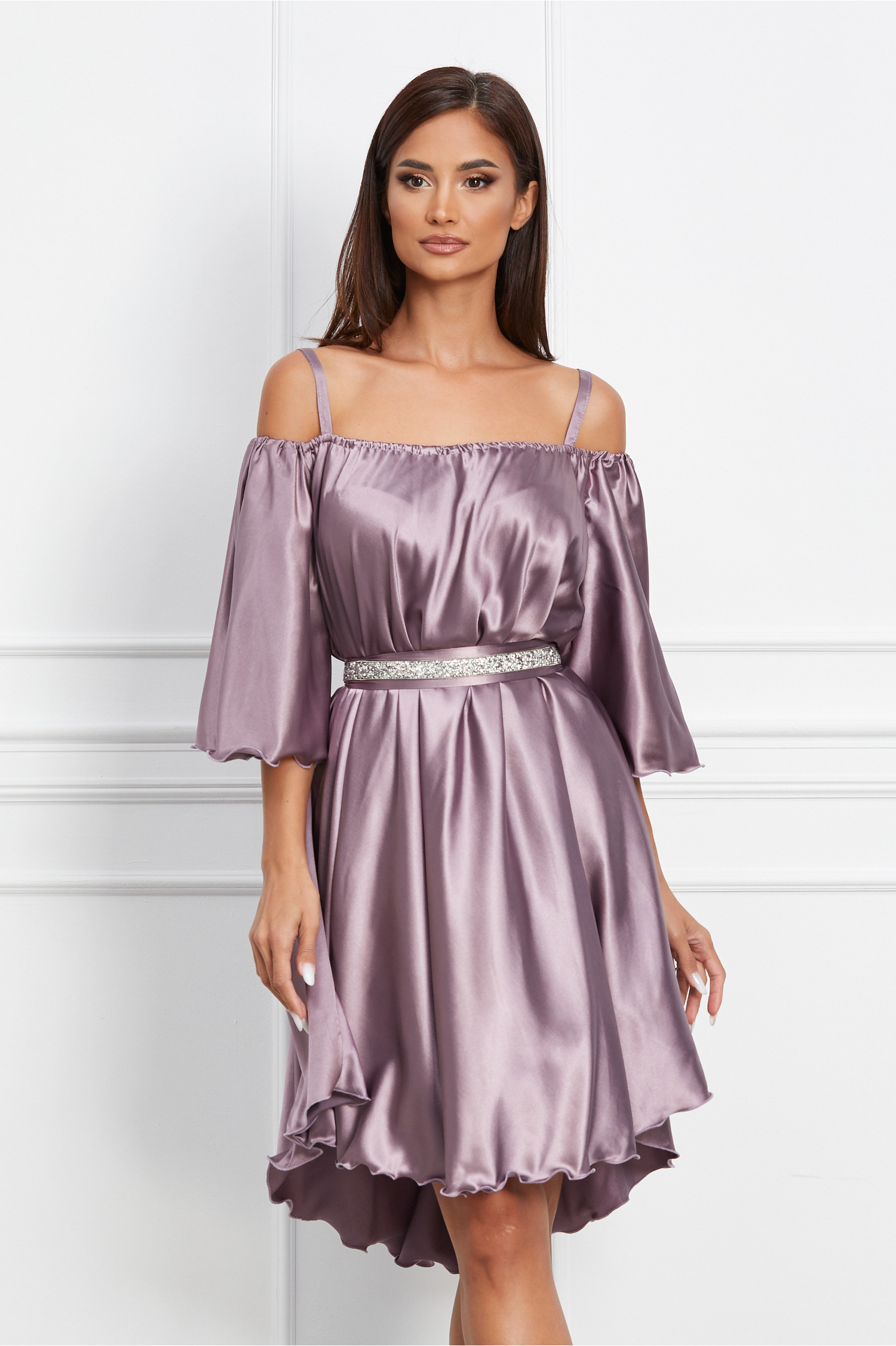 Rochie Ella Collection Amedeea lila cu strasuri in talie si cordon