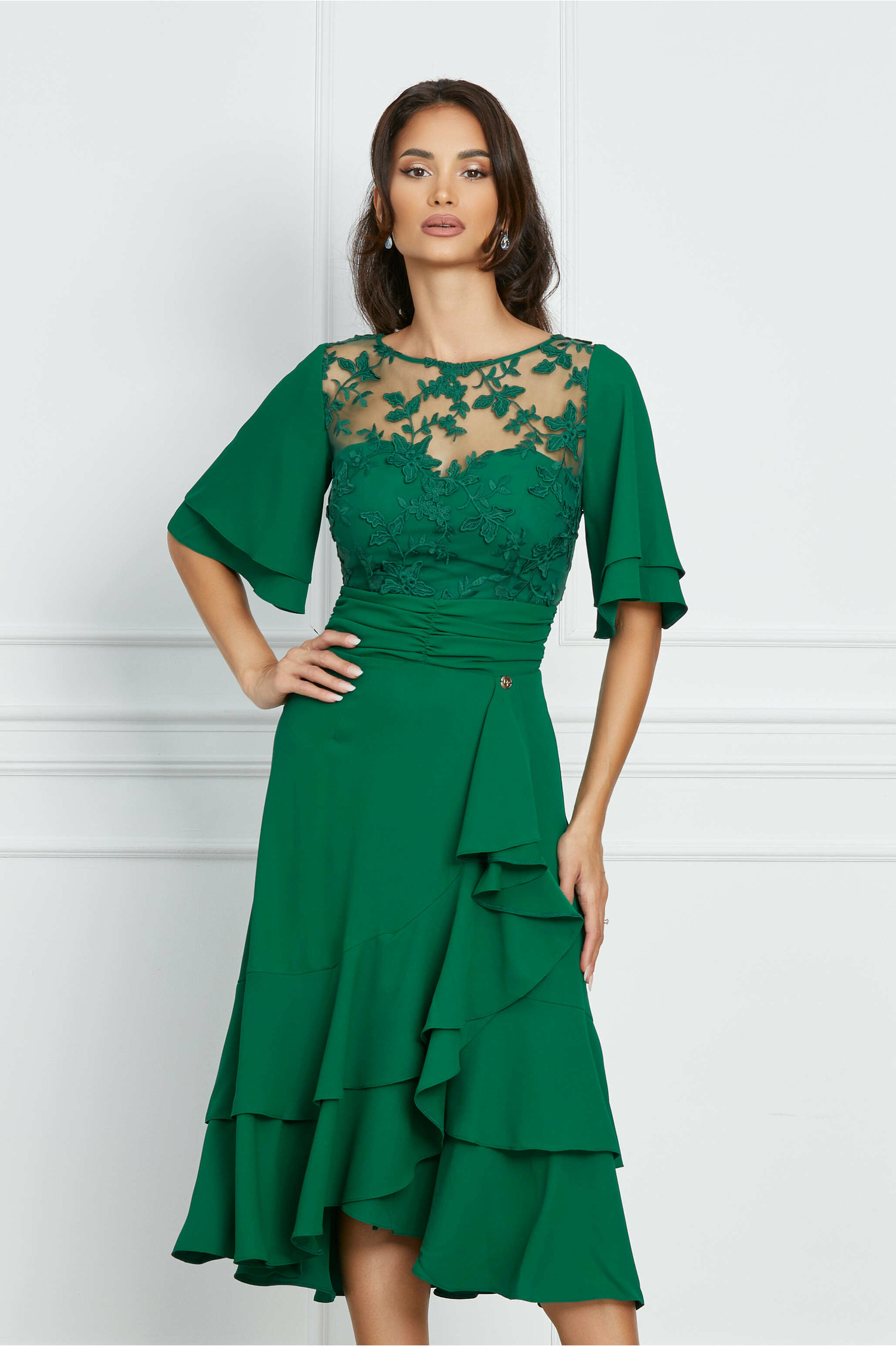 Rochie Dy Fashion verde din triplu voal cu bust din dantela