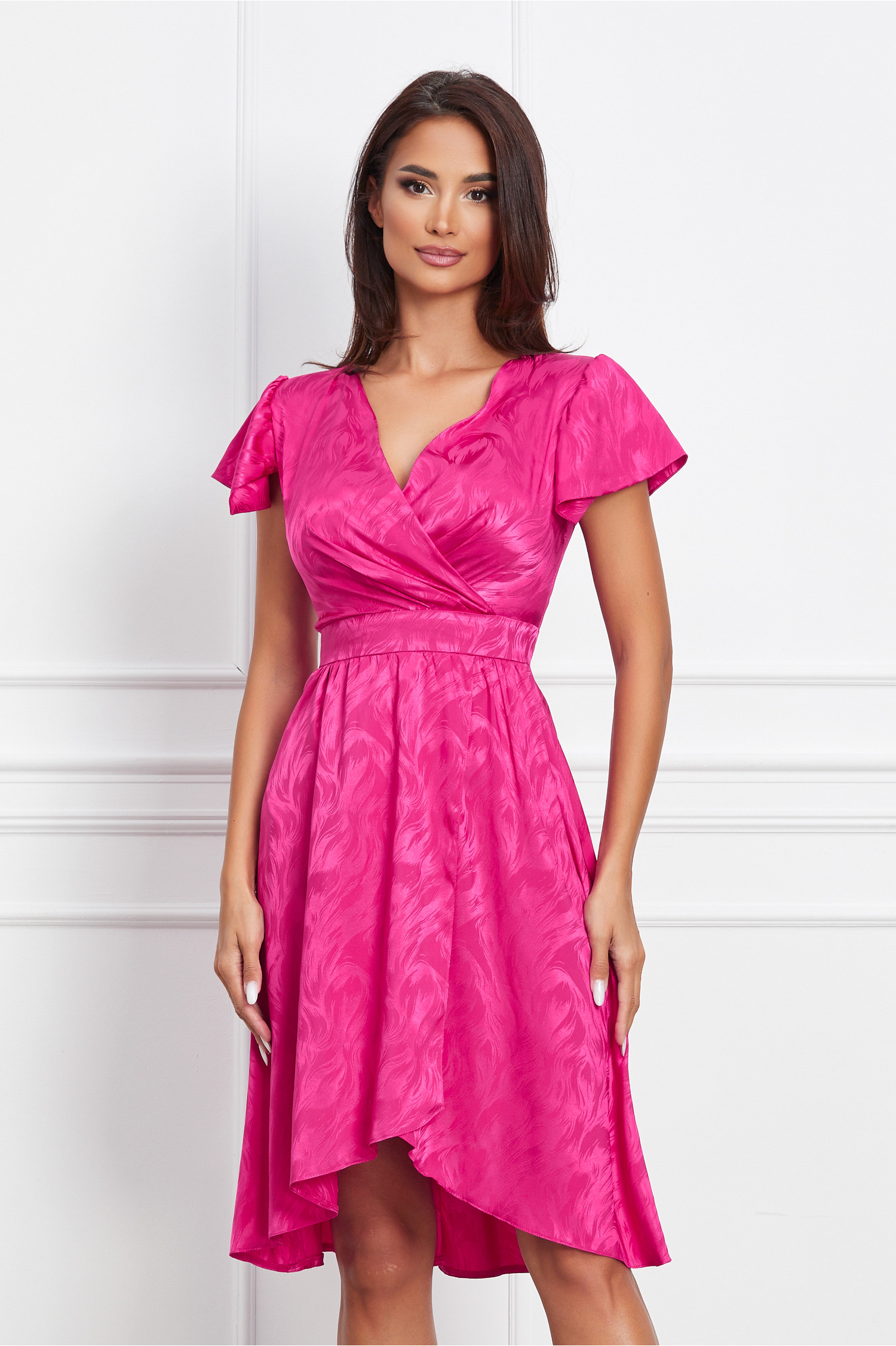 Rochie Moze fucsia din satin cu imprimeu discret si crepeu