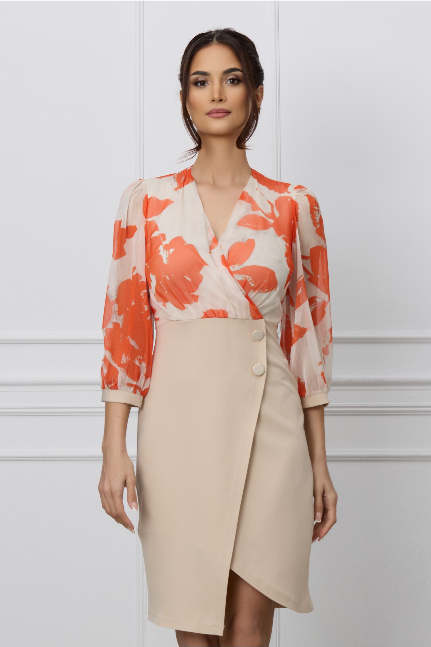 Rochie Amalia bej cu imprimeuri orange la bust