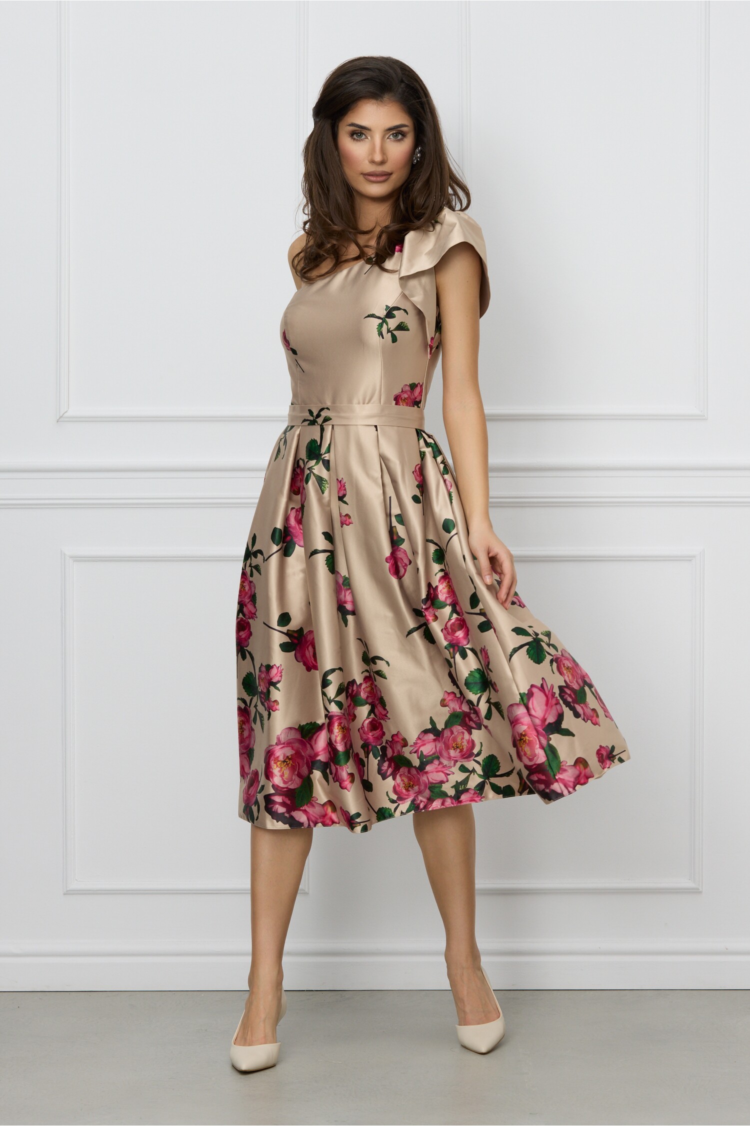 Rochie MBG bej cu imprimeu floral roz