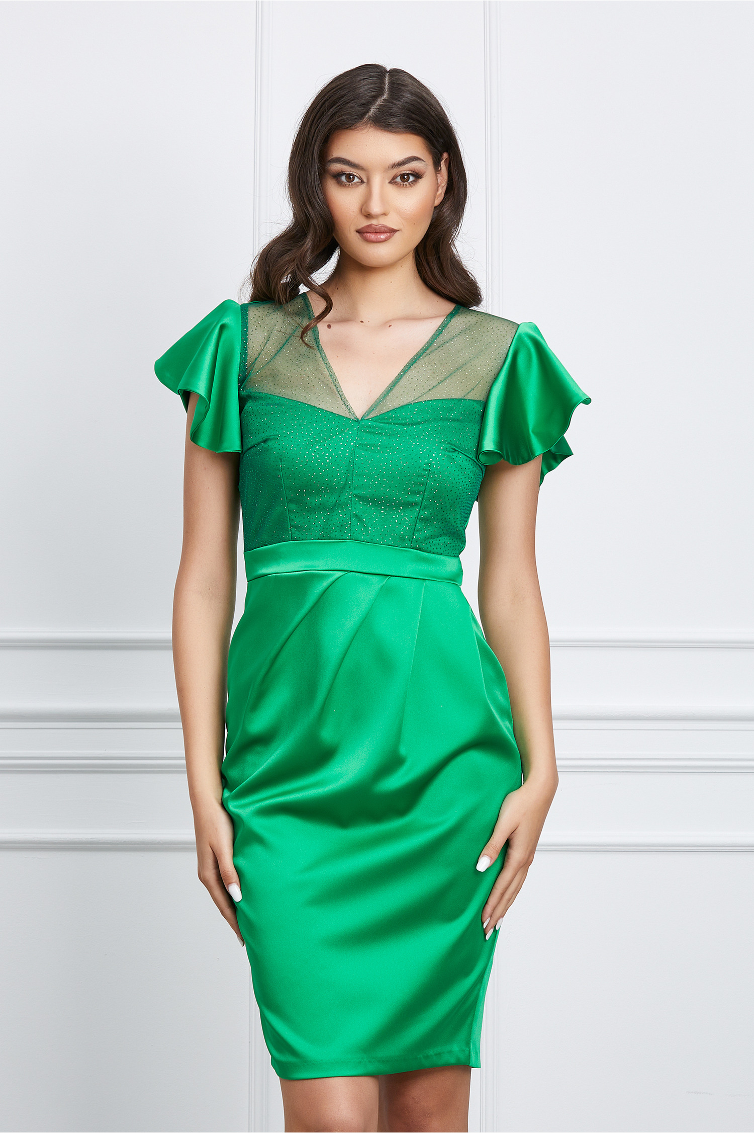 Rochie Moze verde din satin cu glitter la bust