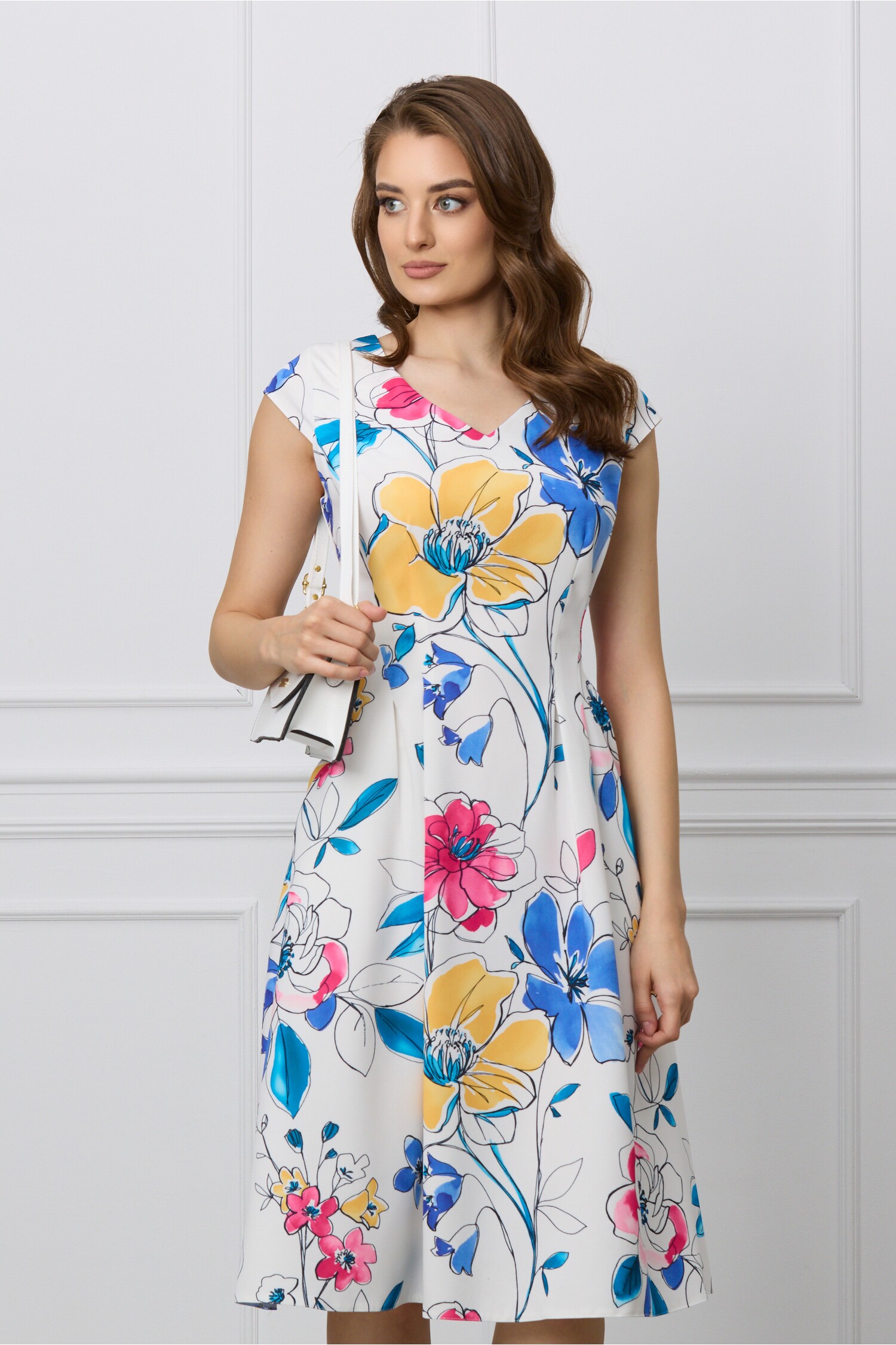 Rochie Andreea alba cu imprimeu floral colorat