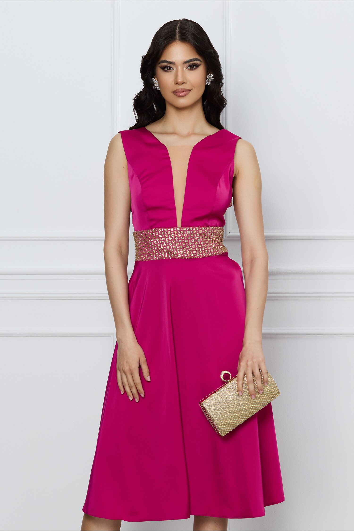 Rochie Moze fucsia cu glitter in talie