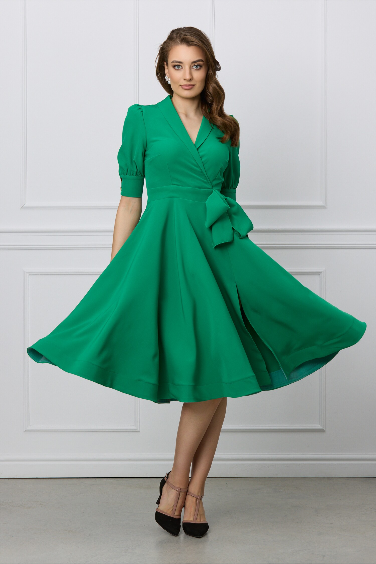 Rochie MBG verde cu funda in talie