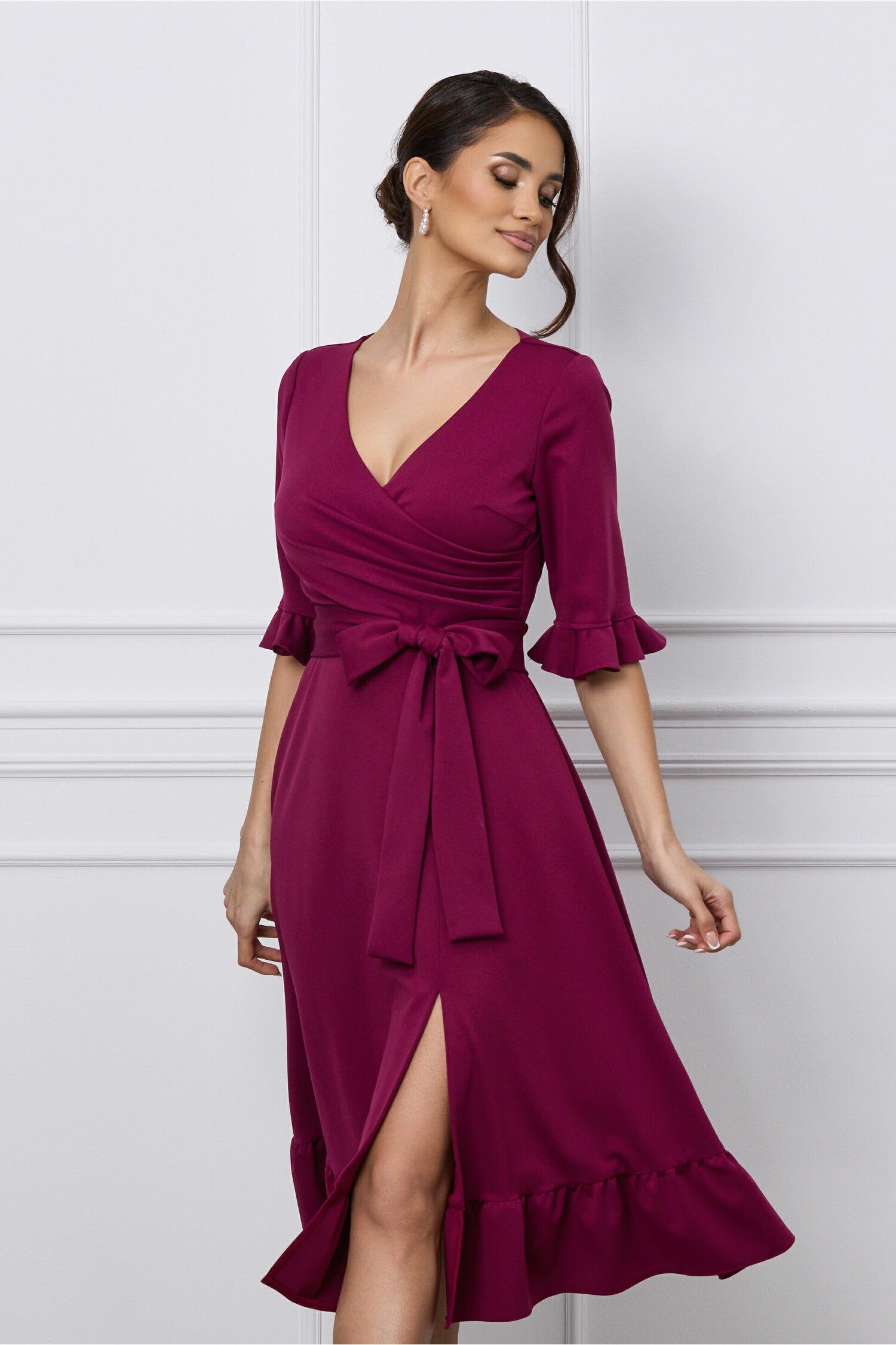 Rochie Ella Collection Arina bordo cu volane si cordon in talie