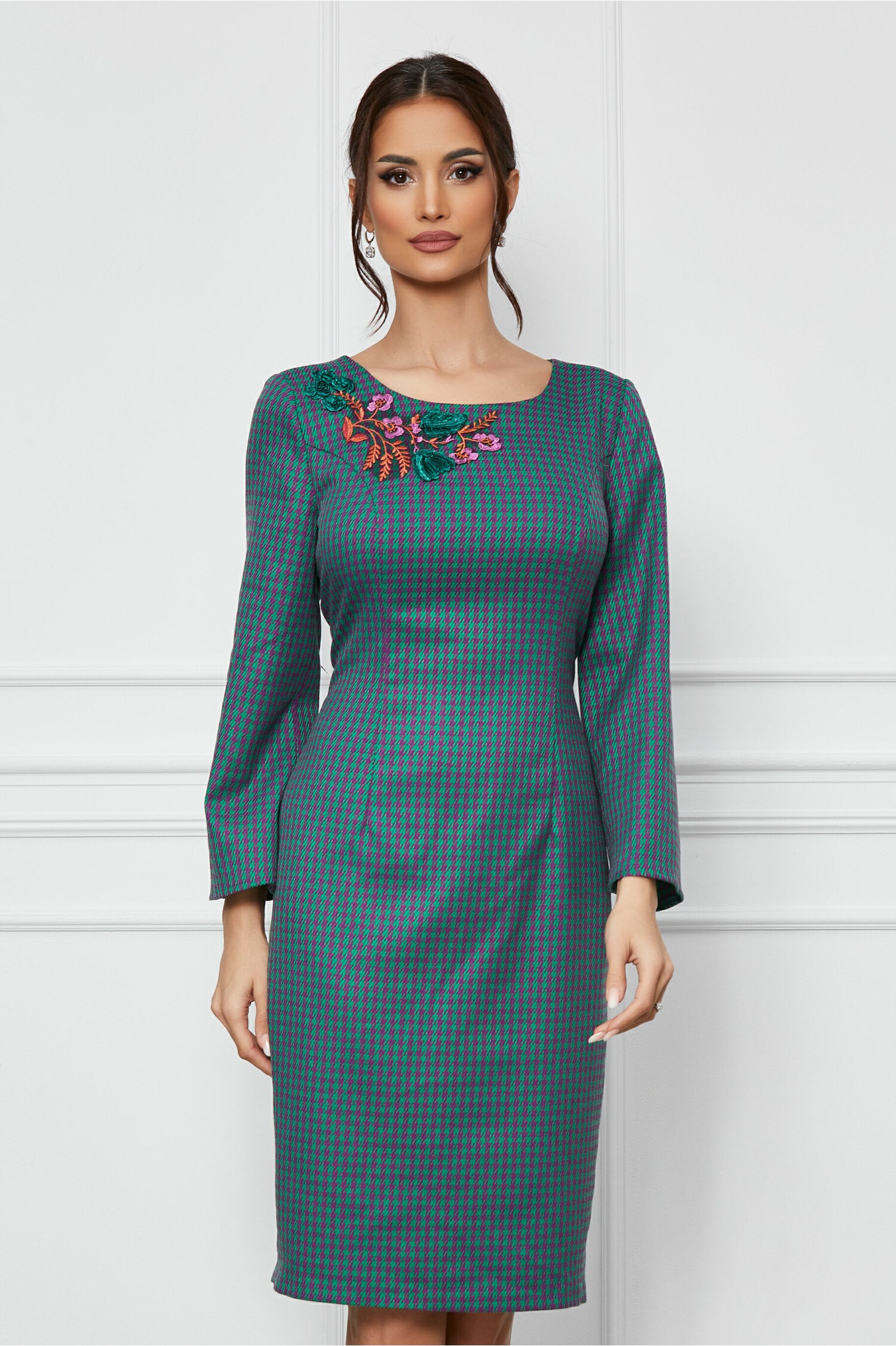 Rochie Mara verde cu imprimeu pepit mov