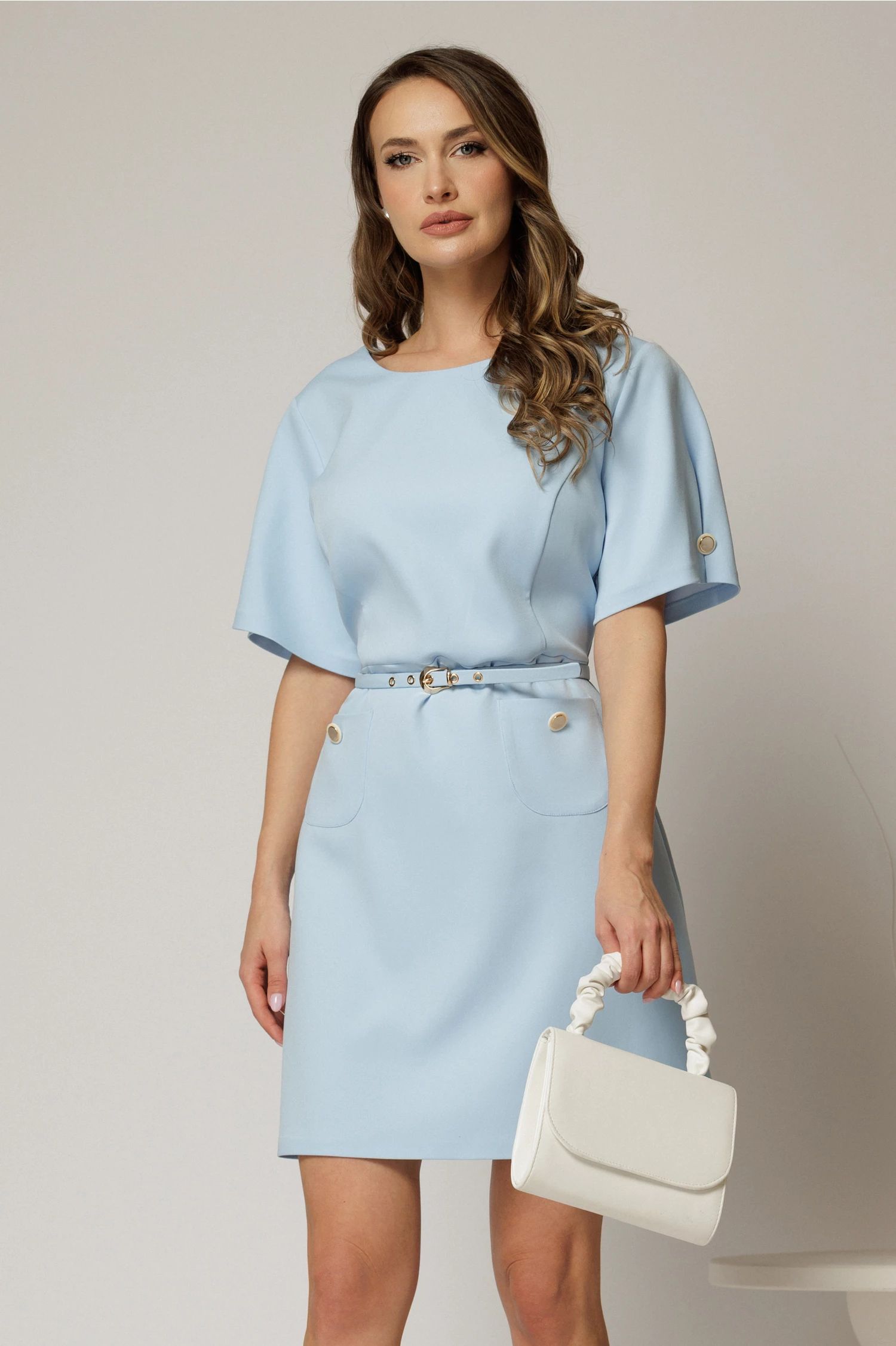 Rochie DY Fashion scurta bleu cu buzunare pe fusta si maneci scurte