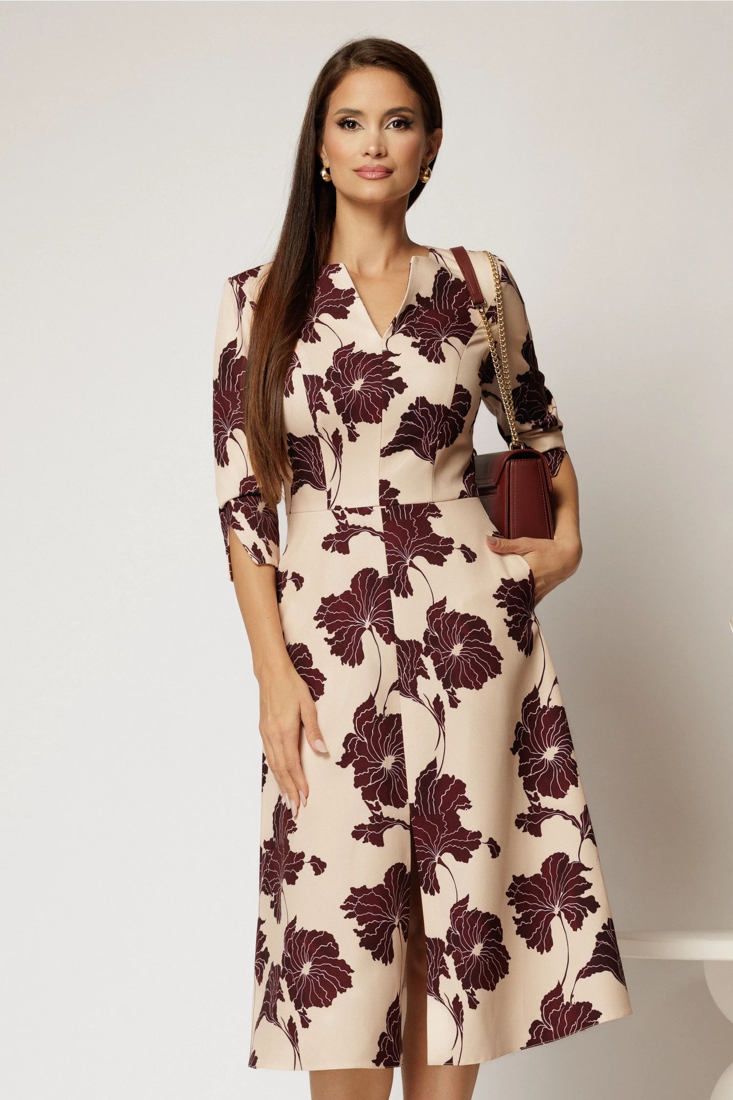 Rochie bej cu imprimeu floral grena