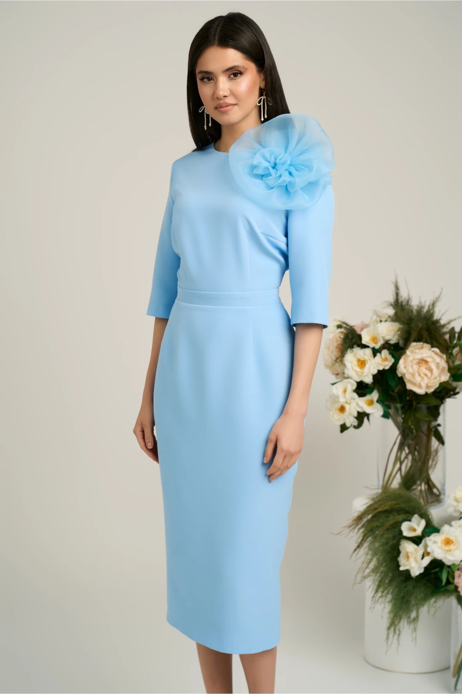 Rochie Dy Fashion de ocazie din stofa bleu cu floare maxi