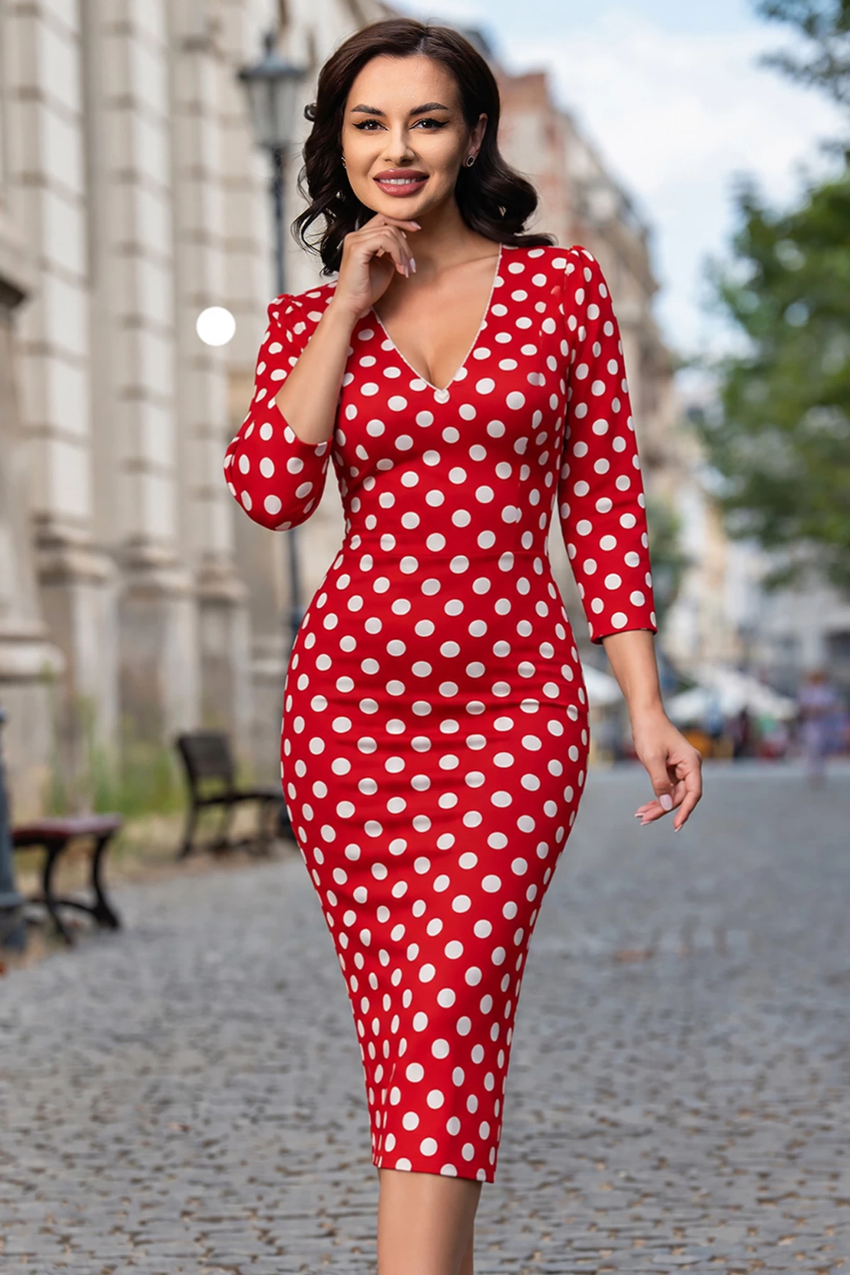 Rochie de zi midi Loretta rosie cu buline albe