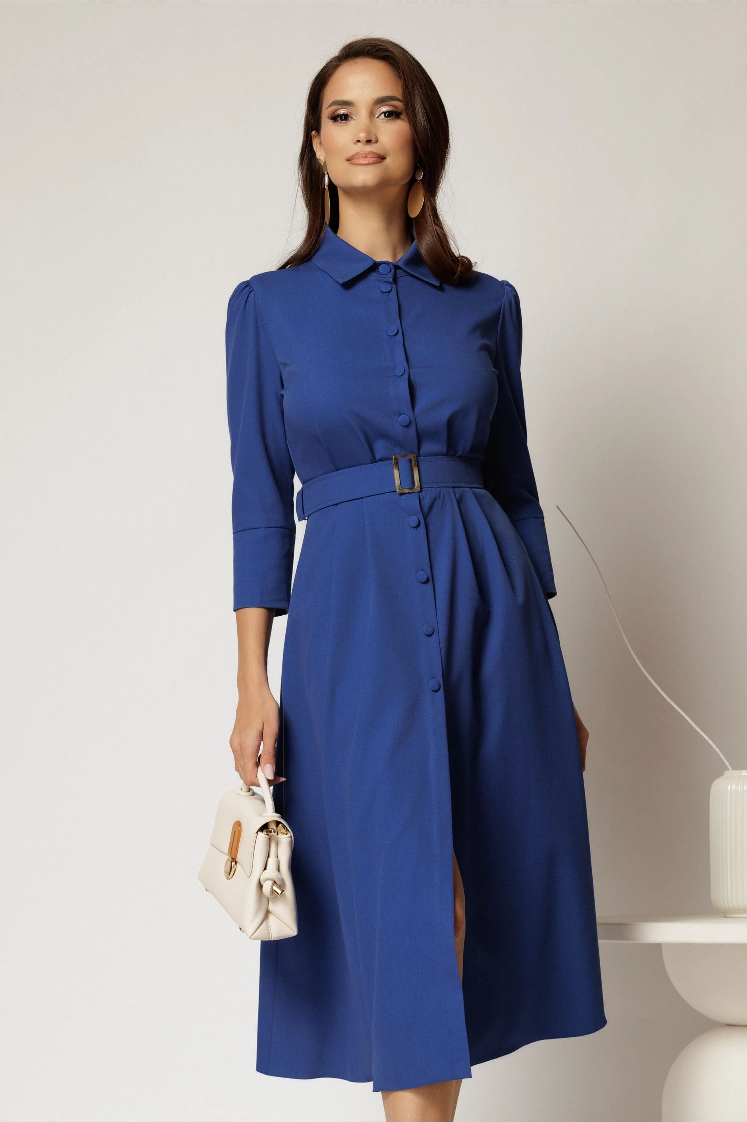 Rochie DY Fashion midi albastra tip camasa cu inchidere cu nasturi
